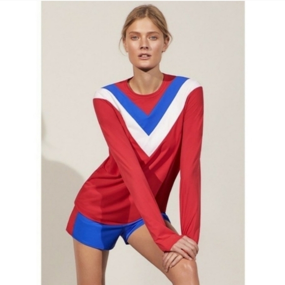 Tory Burch Sport Cheveron Top Colorblock Red White Blue - Picture 1 of 7